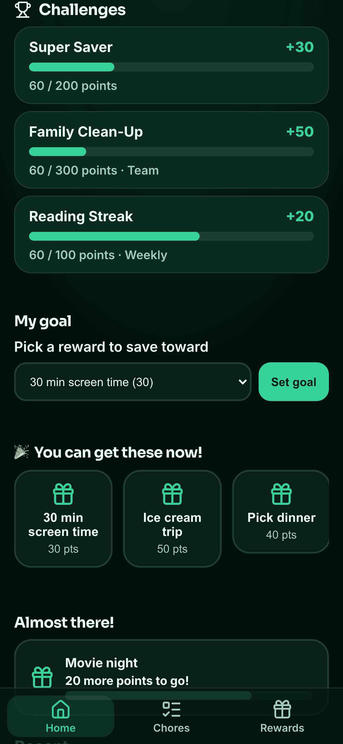 Pointsy challenges list with point goals and bonuses